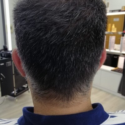 Parte de trás da cabeça de pessoa com cabelo curto castanho e riscas azuis e brancas, salão de cabeleireiro ao fundo
