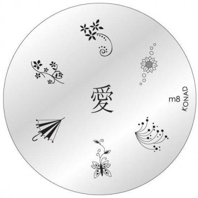 Placa redonda prateada para carimbos de unhas com desenhos pretos diversos e texto m8 KONAD