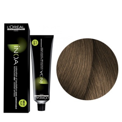 Tinte cabelo L'Oréal Inoa castanho médio tubo e caixa preta com detalhes verdes