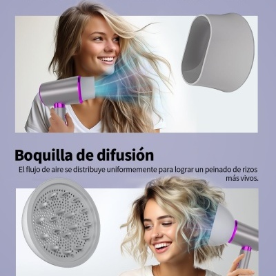 Acessórios para secador de cabelo com descrições em espanhol e duas mulheres loiras usando-os.