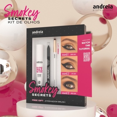 Kit de olhos Andreia Professional Smokey Secrets com produtos e tutorial visível