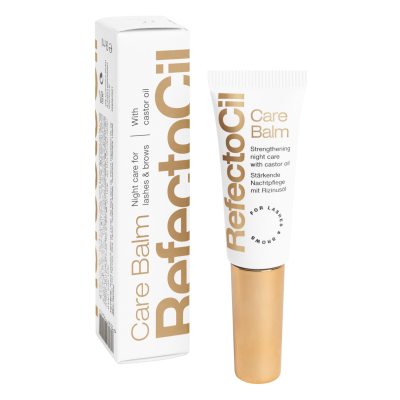 RefectoCil Care Balm para pestanas e sobrancelhas, embalagem e tubo branco com letras castanhas e douradas