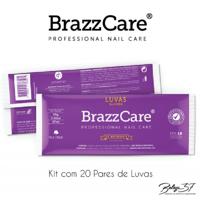 Embalaem roxa com texto branco e amarelo para luvas BrazzCare