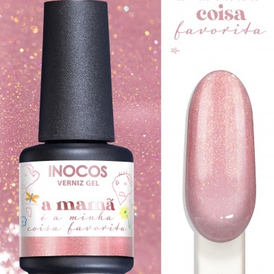 Frasco de verniz gel preto com rótulo branco e amostra cor rosa brilhante