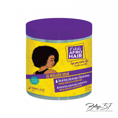 Gel modelador capilar Estilo Afro Hair com tampa roxa e rótulo amarelo e lilás