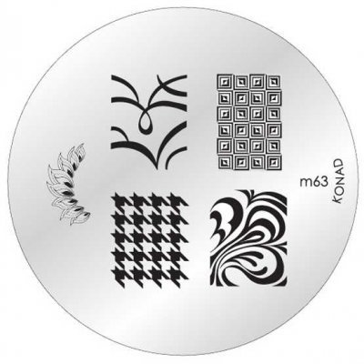 Placa metálica redonda para decoração de unhas com padrões em preto e inscrições m63 e KONAD