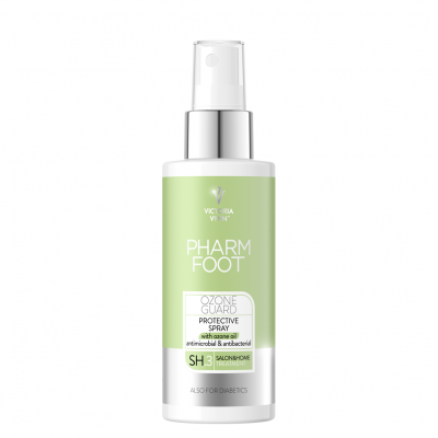 Frasco de spray Pharm Foot com rótulo verde e branco