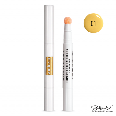 Corretor de imperfeições em bastão branco com aplicador esponjoso e amostra da cor 01.