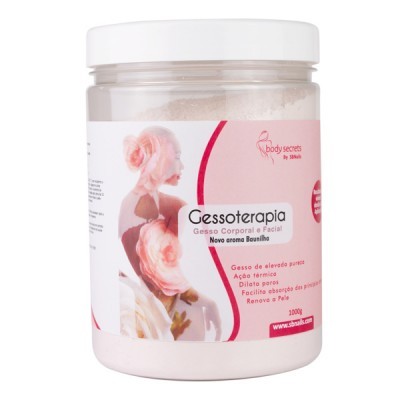 Frasco de pó para gessoterapia corporal e facial com rótulo branco e rosa.