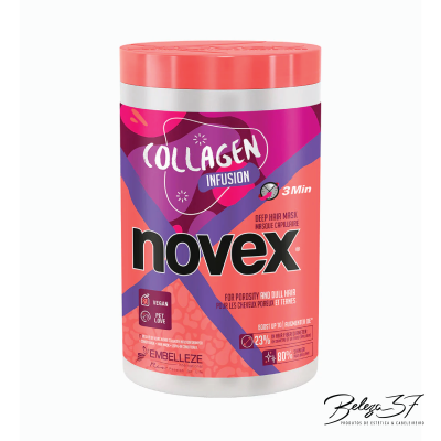 Pote de máscara capilar Novex Collagen Infusion com rótulo rosa e roxo