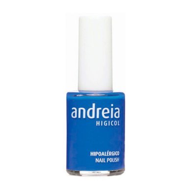 Frasco de verniz de unhas azul Andreia Higicol com tampa branca e texto branco.