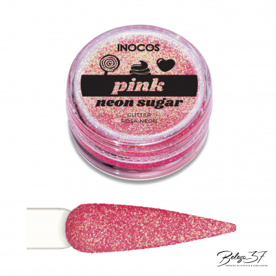 Frasco redondo com glitter rosa neon e amostra do glitter aplicado