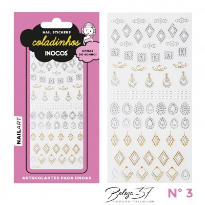Autocolantes para unhas com padrões geométricos dourados e prateados em embalagem rosa.
