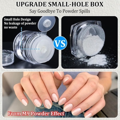 Frascos de plástico transparentes para pó com design de pequeno buraco e mãos femininas com unhas pintadas
