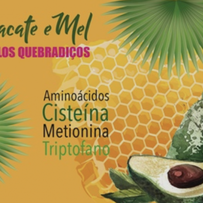 Promoção com abacate e mel para cabelos quebradiços, texto em laranja com padrão de favo e folhas verdes