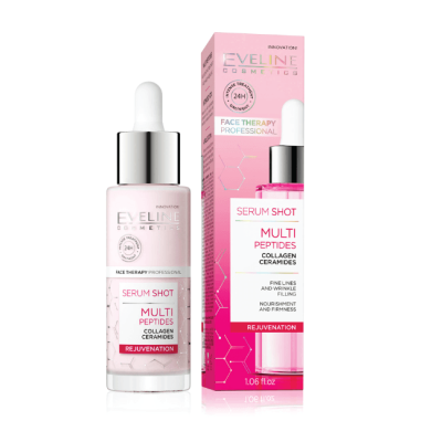 Frasco e embalagem rosa de sérum facial Multi Peptides da Eveline Cosmetics