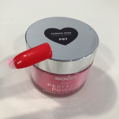 Pote de pó para unhas rosa com tampa prateada e amostra de verniz vermelho