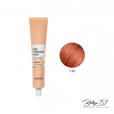 Tubo cor de pêssego de coloração capilar andrea e amostra de cor castanho acobreado 7.45