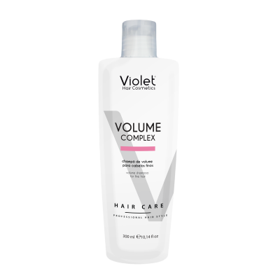 Frasco branco de champô Violet Volume Complex para cabelos finos