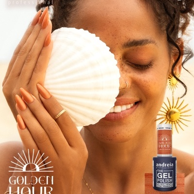 Verniz gel unhas Andreia Professional Golden Hour GH2 edição limitada com modelo e concha branca
