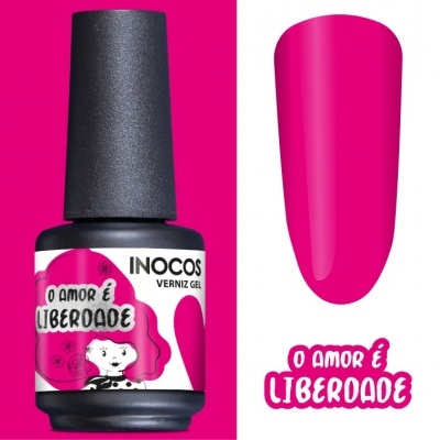 Frasco de verniz gel INOCOS com rótulo rosa e branco e amostra de cor rosa