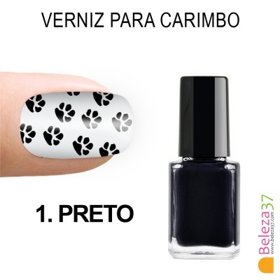 Verniz para carimbo preto com padrão de patas em unhas brancas