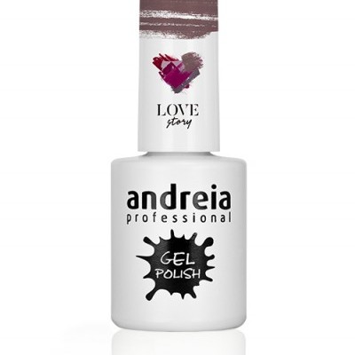 Frasco branco de verniz gel Andreia Professional com coração e texto Love story na tampa
