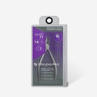 Alicate metálico profissional para unhas encravadas em embalagem transparente com fundo roxo