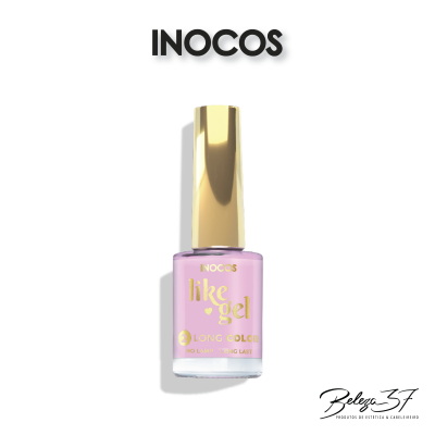 Frasco de esmalte rosa INOCOS Like Gel com tampa dourada sobre fundo branco