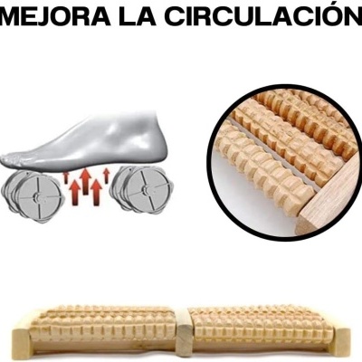 Rolo massajador de madeira para pés com texturas e base retangular