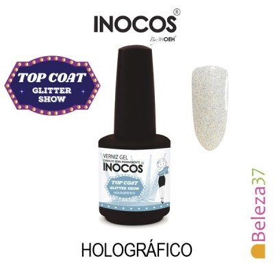 Verniz gel Inocos top coat glitter show holográfico com amostra da cor glitter