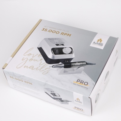 Conjunto profissional para manicure com máquina elétrica e caneta aparafusadora em caixa branca e cinza.