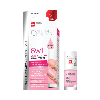 Produto condicionador de unhas Eveline Cosmetics 6w1 numa embalagem branca e rosa