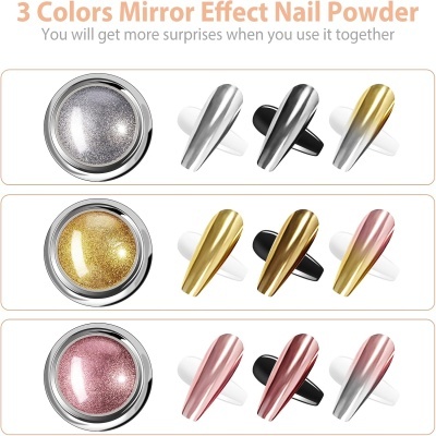 Pó para unhas com efeito espelho em 3 cores: prateado, dourado e rosa, em frascos com amostras nas unhas