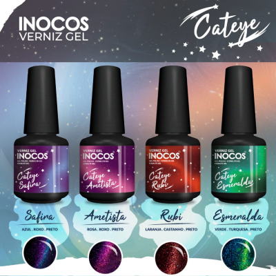 Quatro frascos de verniz gel INOCOS Cat Eye em cores Safira, Ametista, Rubi e Esmeralda.