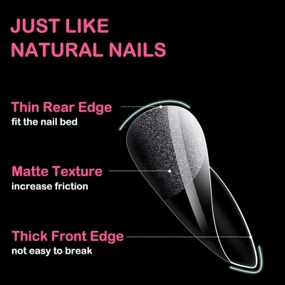 Unha artificial preta com textura fosca e texto explicativo em fundo preto