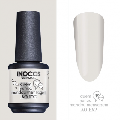 frasco de verniz gel INOCOS branco e preto com texto e amostra de cor bege