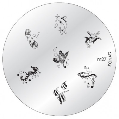 Placa redonda metálica para carimbo de unhas com desenhos de peixes e cavalos-marinhos