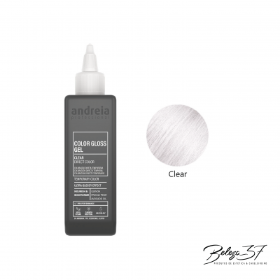 Frasco de gel para cabelo Andreia Color Gloss Gel Clear com amostra da cor