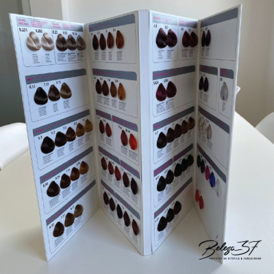 Carta de cores Da Vinci para tintas de cabelo com vários tons e códigos mostrados em painéis dobráveis