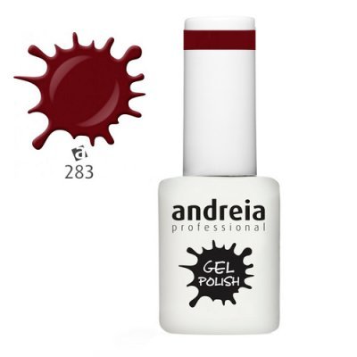Frasco de verniz gel Andreia Professional com tampa branca e faixa vermelha, mancha vermelha de verniz ao lado.