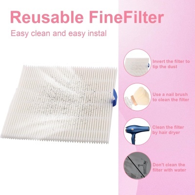 Filtro reutilizável branco com instruções de limpeza em inglês sobre fundo rosa