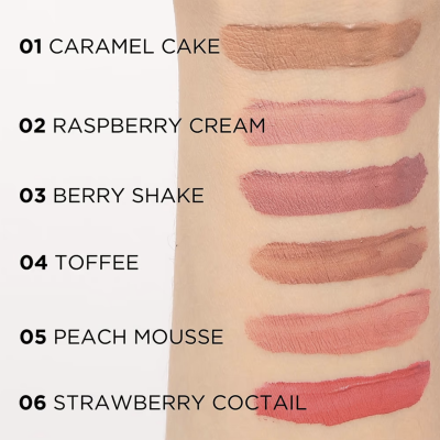 Seis amostras de batons aplicadas no braço com nomes e números correspondentes