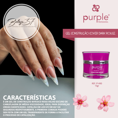Frasco de gel roxo Purple Professional com mãos femininas e unhas largas rosadas e pontiagudas.