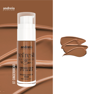 Base líquida Andreia Professional Refresh Silk Foundation 07 Gingerbread em embalagem com doseador branco