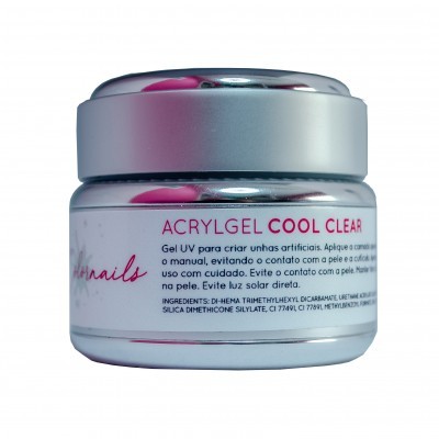 Pote prateado de acrylgel para unhas artificiais com rótulo branco e texto colorido