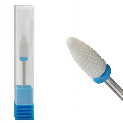 Broca de manicure branca com anel azul em embalagem plástica transparente