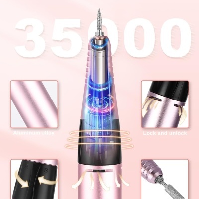 Aparelho profissional para unhas cor rosa metálico com características técnicas destacadas e fundo claro