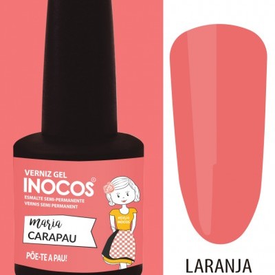 Verniz gel INOCOS laranja coral com embalagem preta e ilustração de menina
