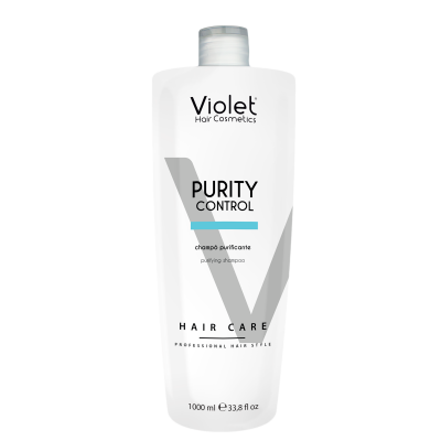 Frasco branco de champô Violet Hair Cosmetics PURITY CONTROL